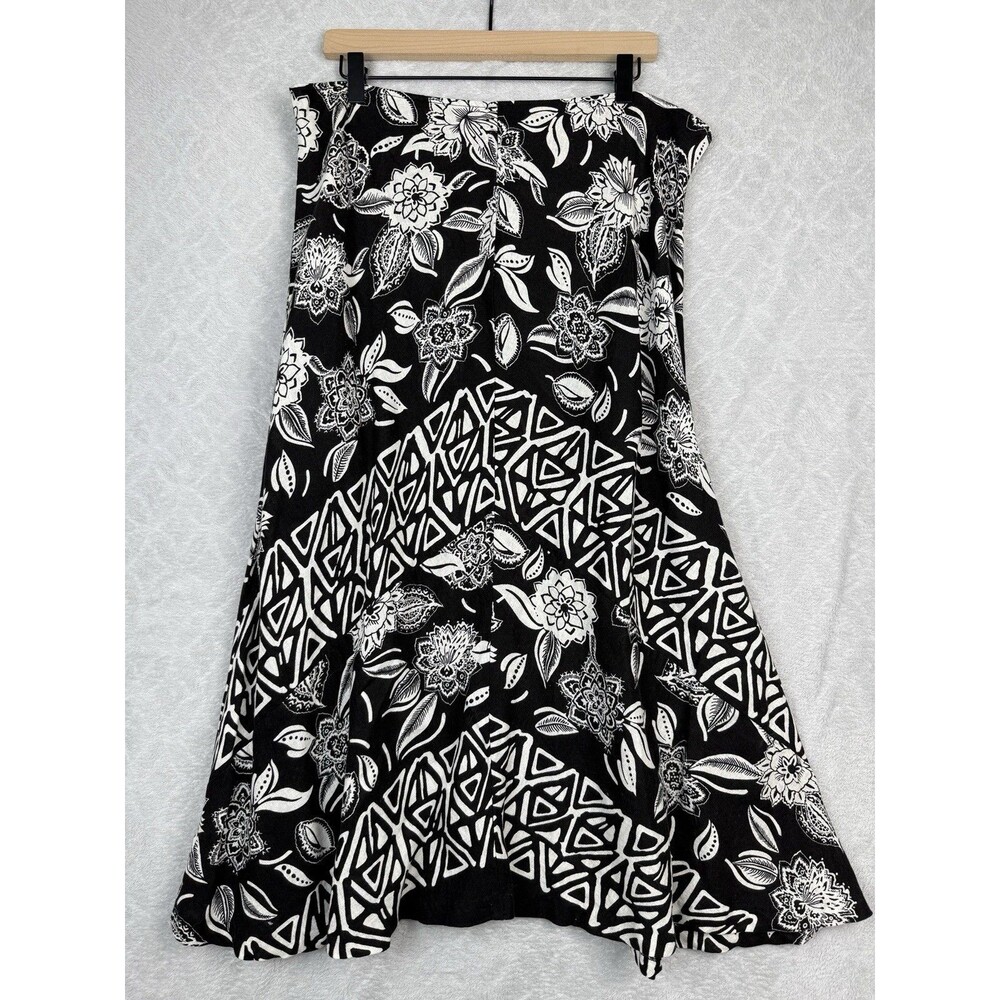 Vtg RQT Linen Blend Midi Skirt 16 Black White Floral Paisley Modest Cottage Y2K